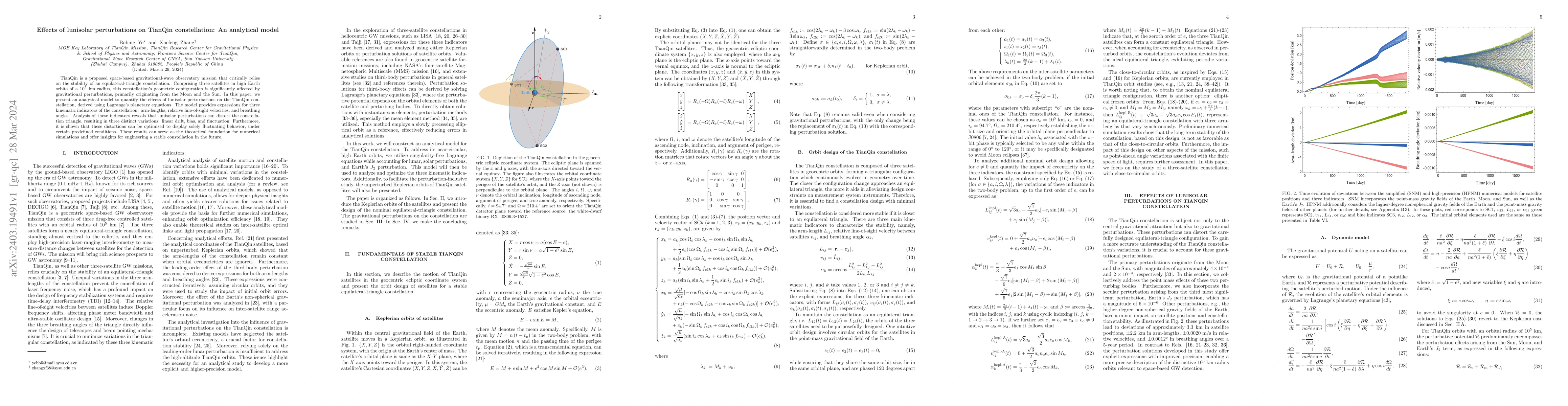 Thumbnail for Effects of lunisolar perturbations on TianQin constellation: An
  analytical model