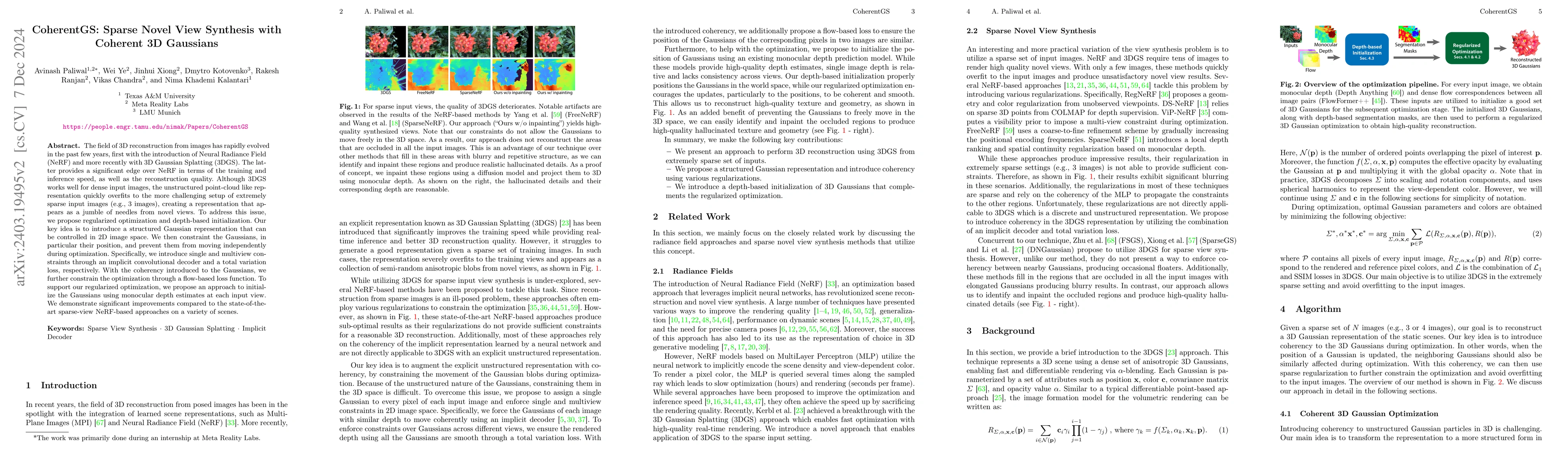 Thumbnail for CoherentGS: Sparse Novel View Synthesis with Coherent 3D Gaussians
