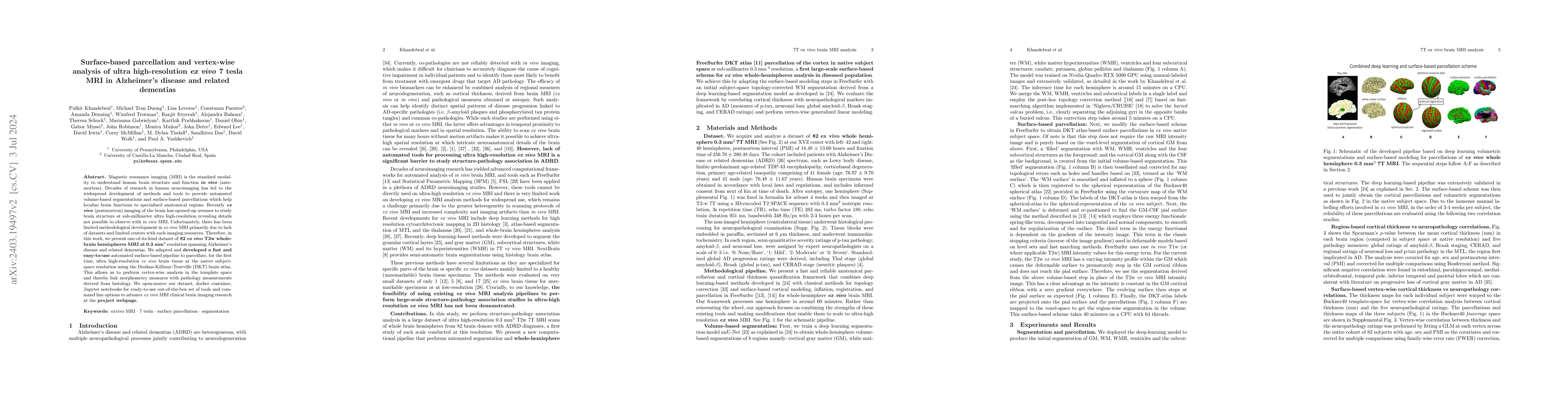 Thumbnail for Surface-based parcellation and vertex-wise analysis of ultra
  high-resolution ex vivo 7 tesla MRI in Alzheimer's disease and related
  dementias