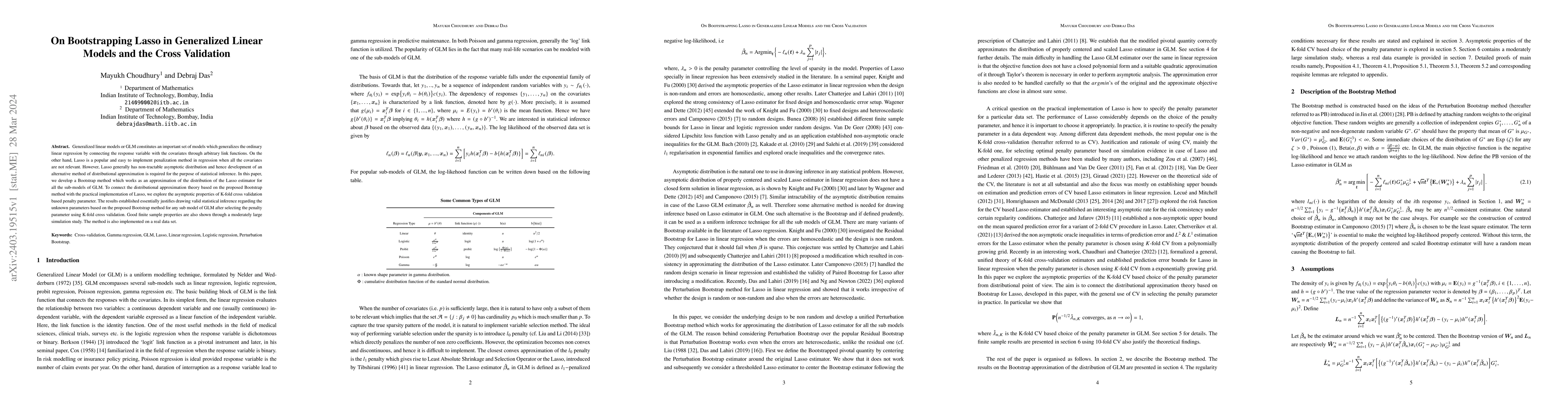 Thumbnail for On Bootstrapping Lasso in Generalized Linear Models and the Cross
  Validation