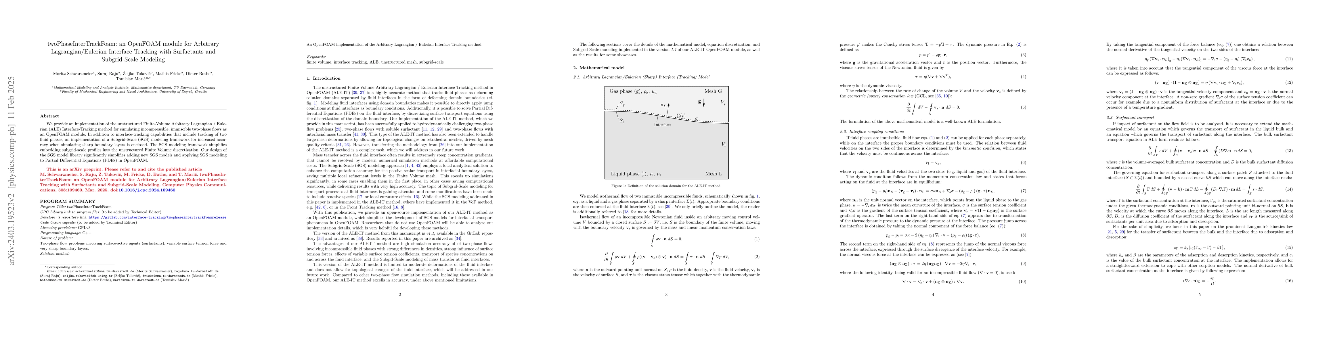Thumbnail for twoPhaseInterTrackFoam: an OpenFOAM module for Arbitrary
  Lagrangian/Eulerian Interface Tracking with Surfactants and Subgrid-Scale
  Modeling