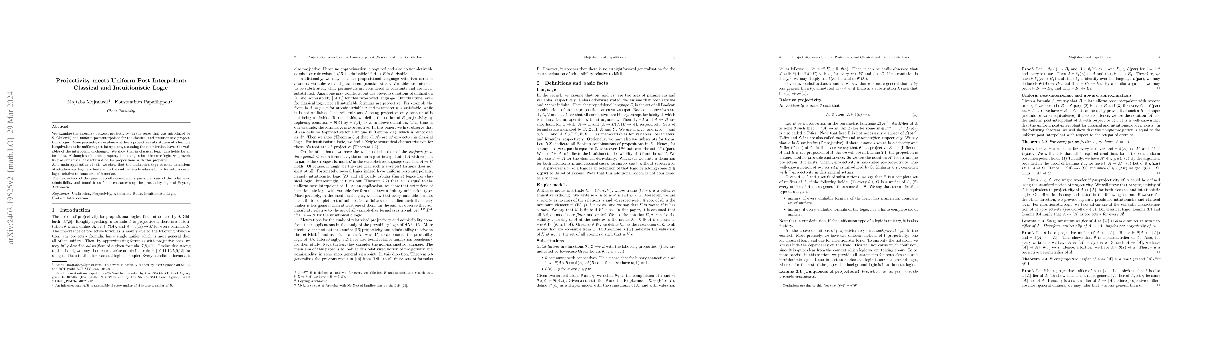Thumbnail for Projectivity meets Uniform Post-Interpolant: Classical and
  Intuitionistic Logic