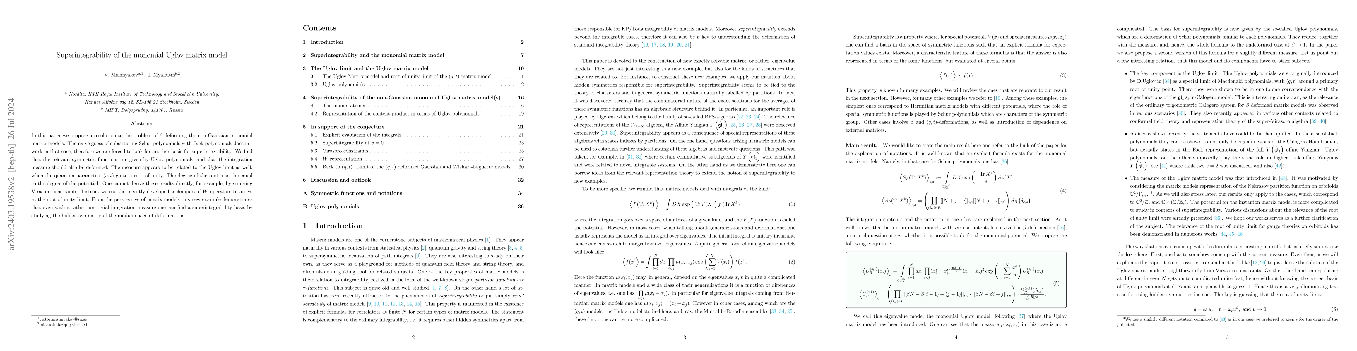 Thumbnail for Superintegrability of the monomial Uglov matrix model