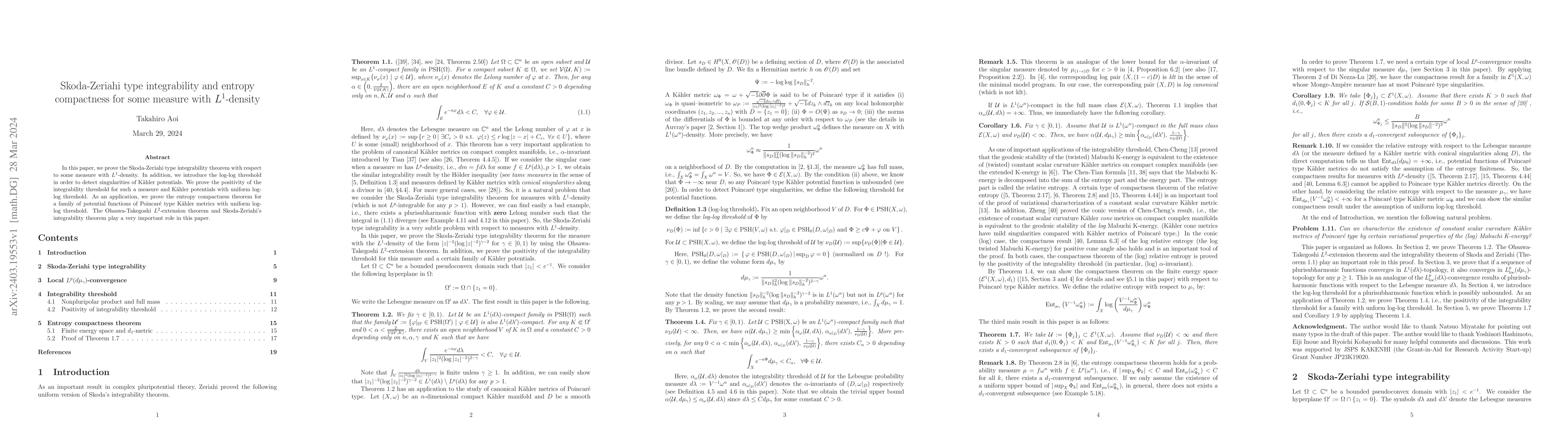 Thumbnail for Skoda-Zeriahi type integrability and entropy compactness for some
  measure with $L^1$-density