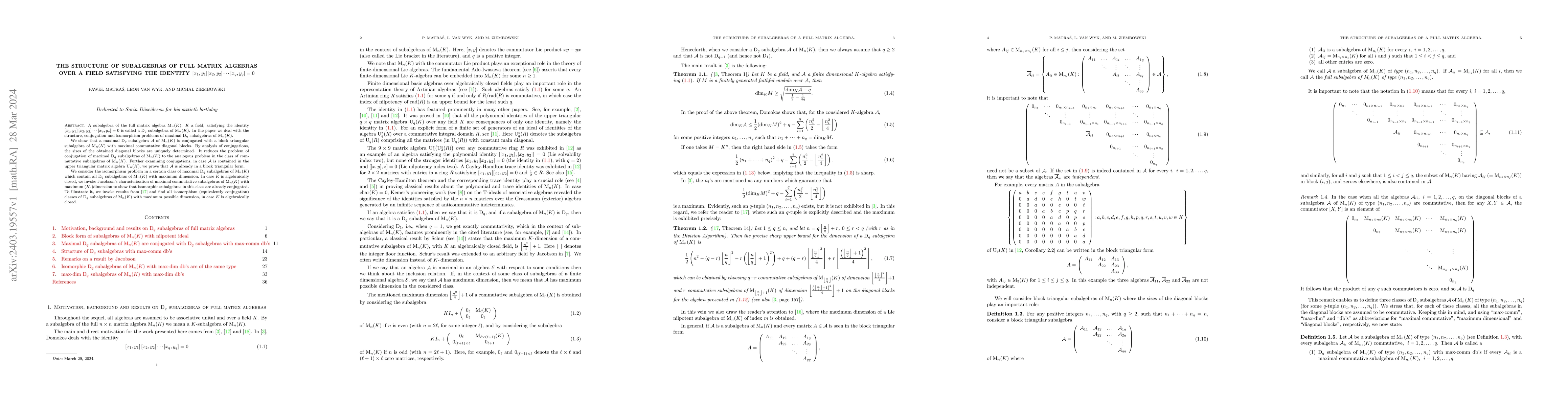 Thumbnail for The structure of subalgebras of full matrix algebras over a field
  satisfying the identity [x_1, y_1][x_2, y_2] ... [x_q, y_q] = 0