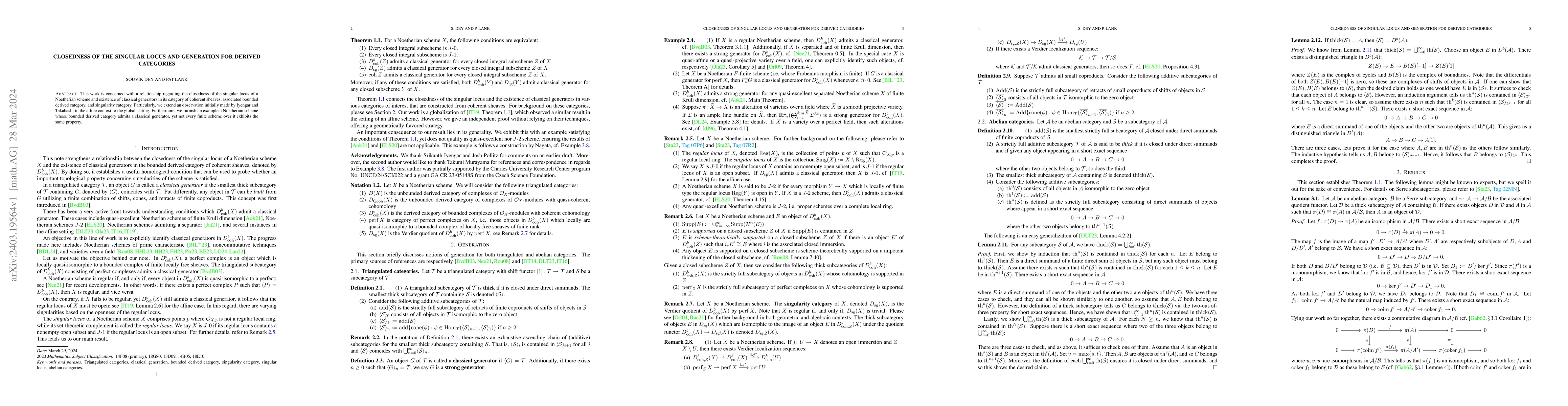Thumbnail for Closedness of the singular locus and generation for derived categories