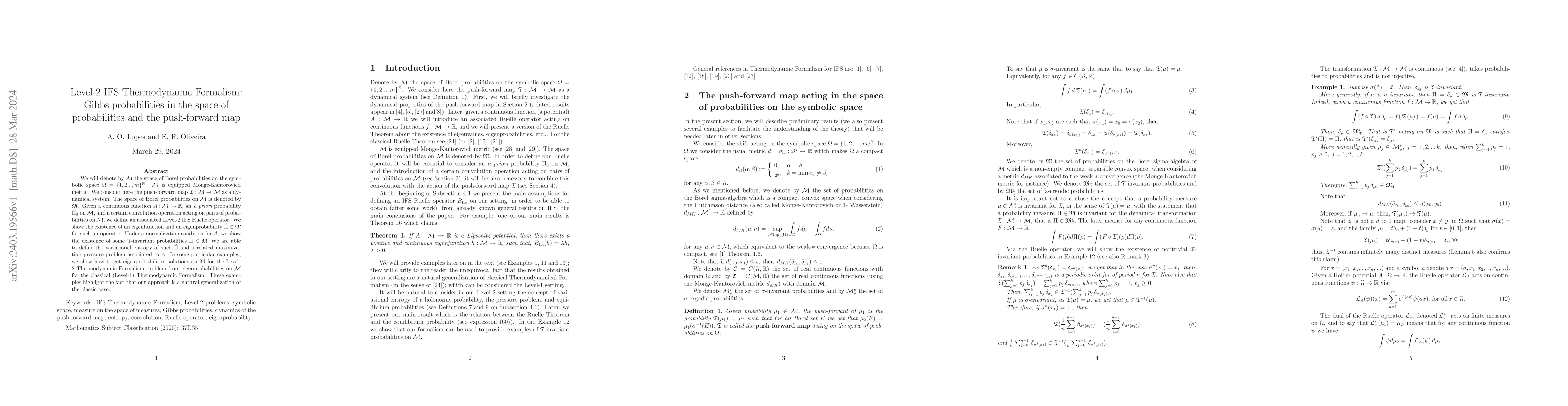 Thumbnail for Level-2 IFS Thermodynamic Formalism: Gibbs probabilities in the space of
  probabilities and the push-forward map
