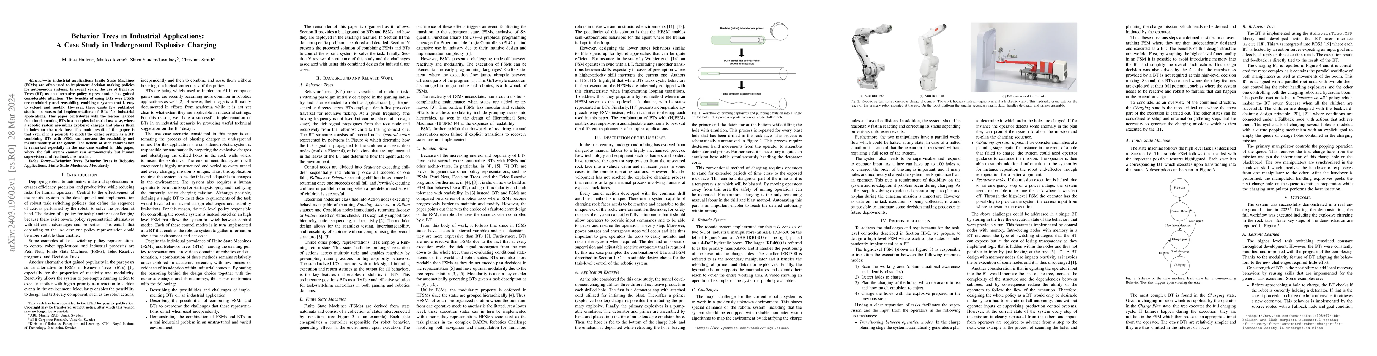Thumbnail for Behavior Trees in Industrial Applications: A Case Study in Underground
  Explosive Charging