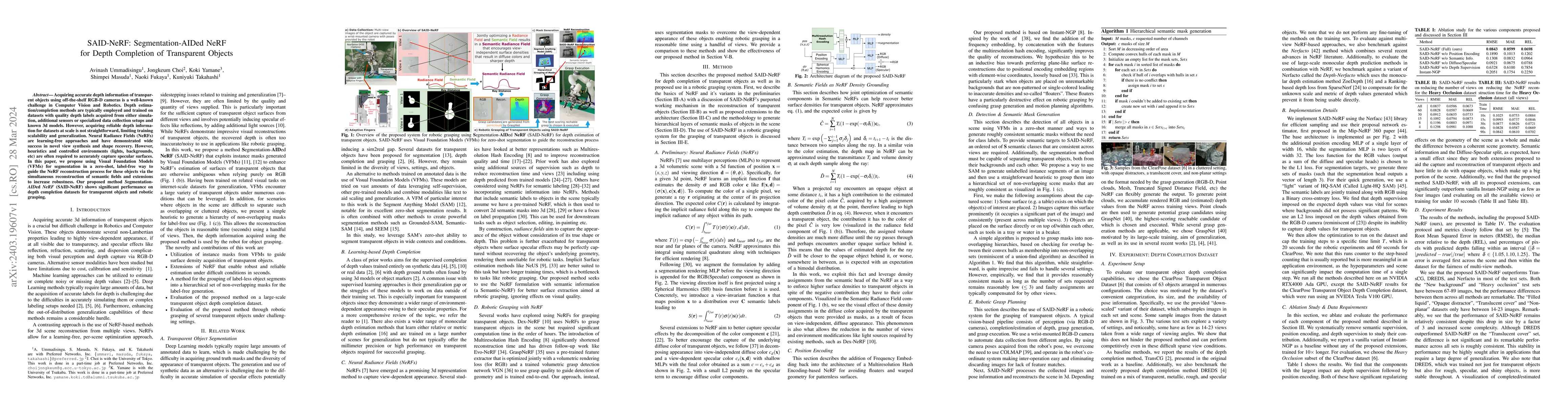 Thumbnail for SAID-NeRF: Segmentation-AIDed NeRF for Depth Completion of Transparent
  Objects