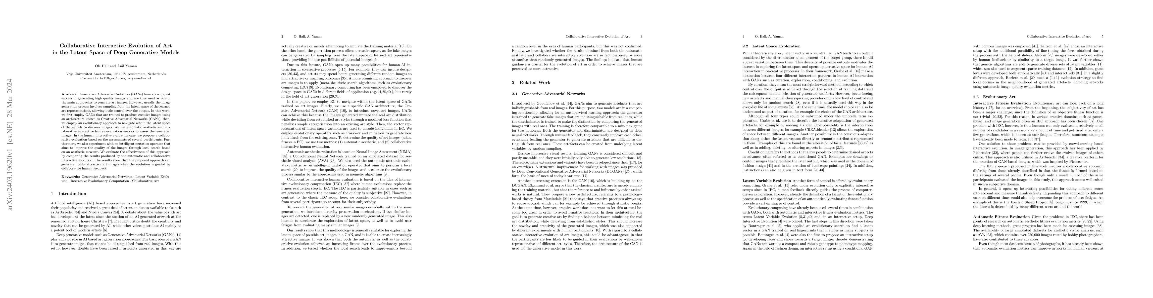 Thumbnail for Collaborative Interactive Evolution of Art in the Latent Space of Deep
  Generative Models