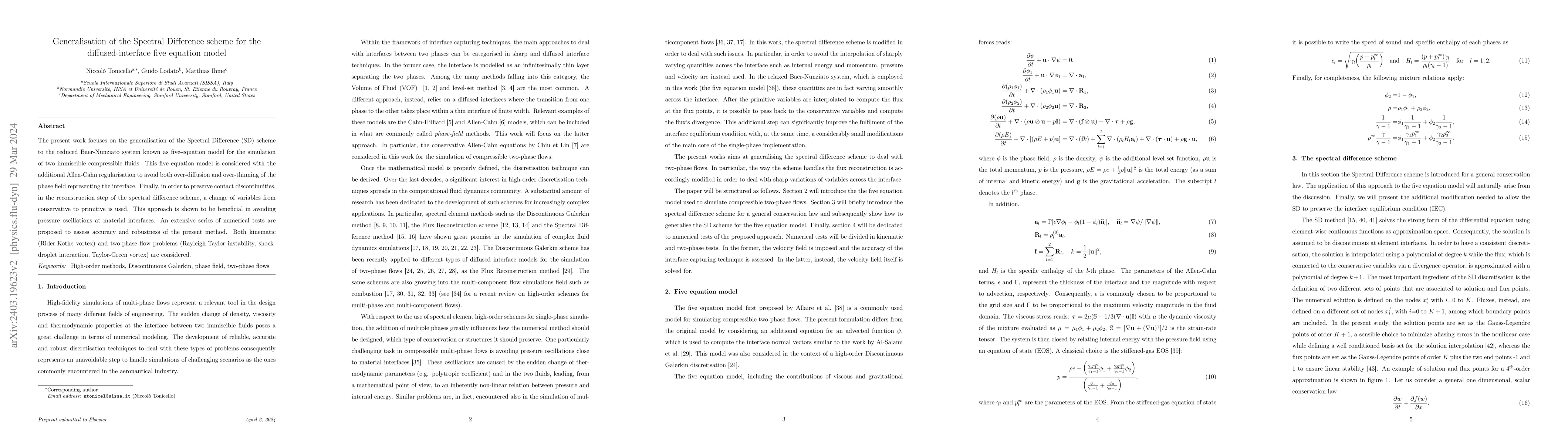 Thumbnail for Generalisation of the Spectral Difference scheme for the
  diffused-interface five equation model