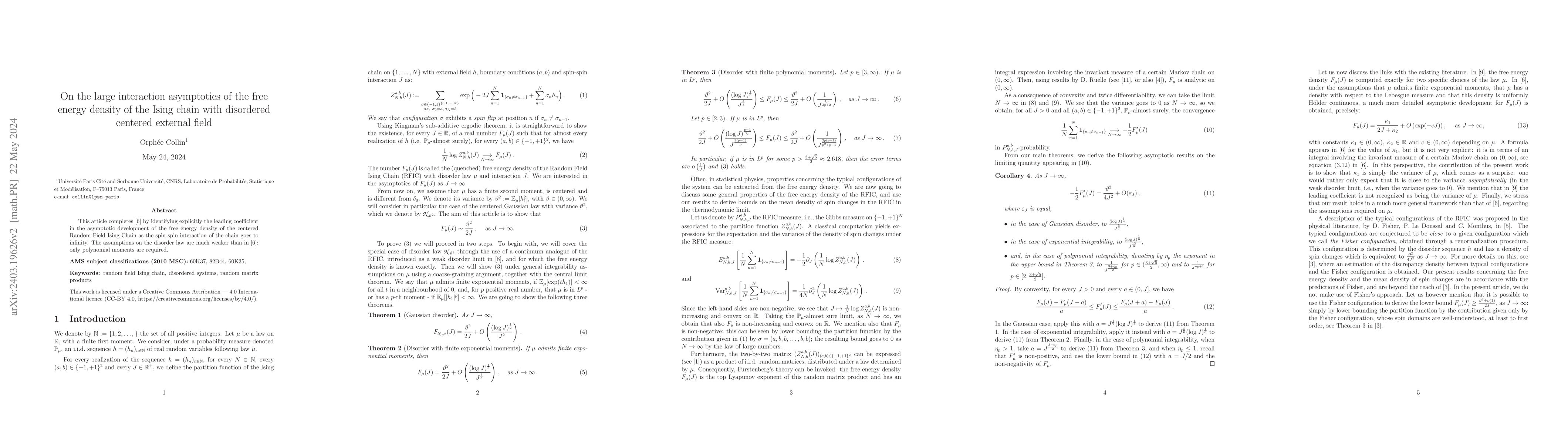 Thumbnail for On the large interaction asymptotics of the free energy density of the
  Ising chain with disordered centered external field