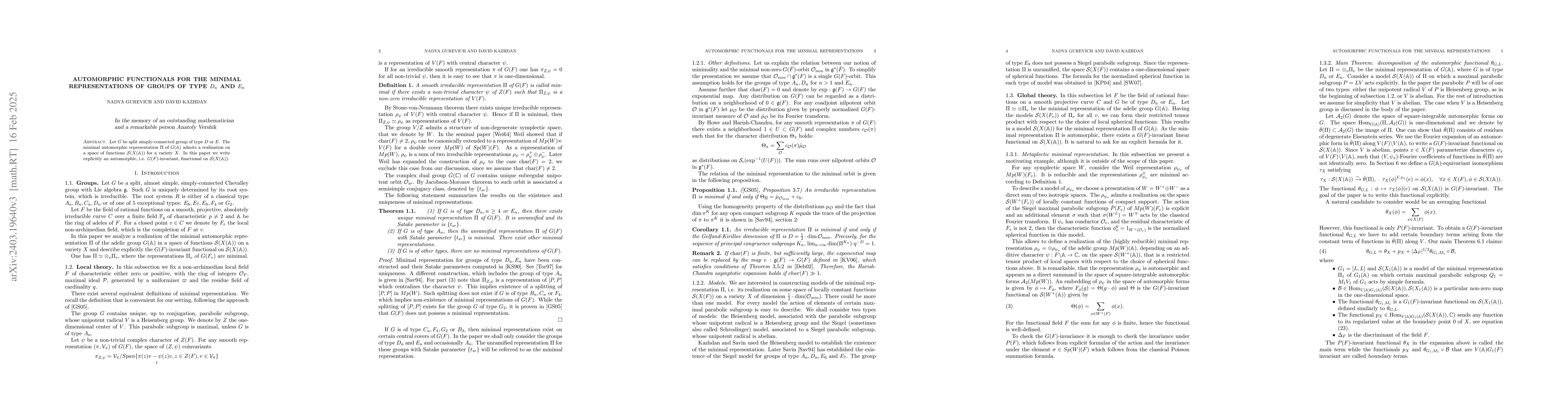 Thumbnail for Automorphic functionals for the minimal representations of groups of
  type $D_n$ and $E_n$