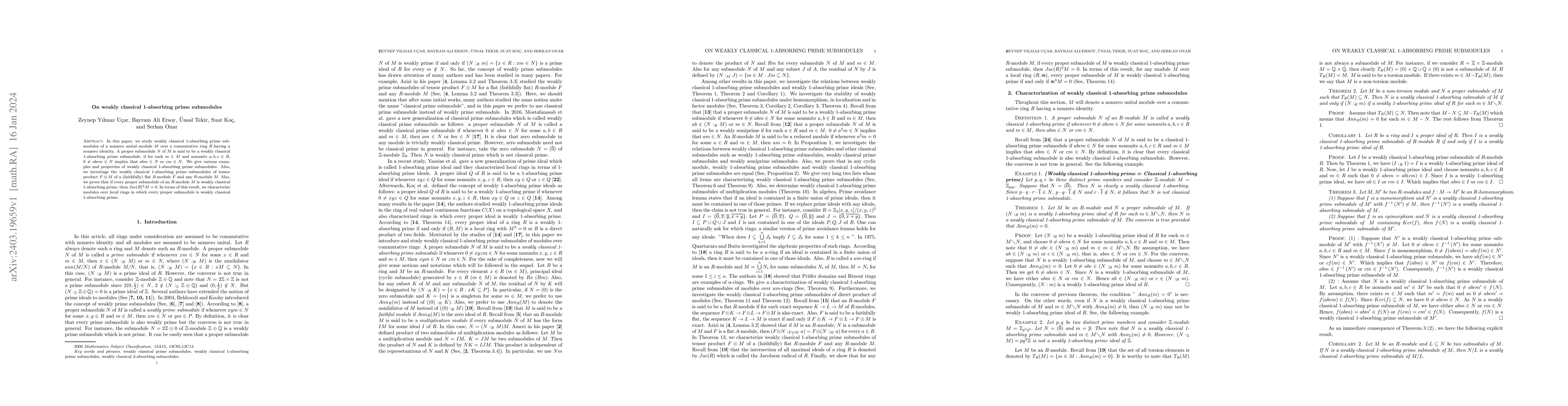Thumbnail for On weakly classical 1-absorbing prime submodules