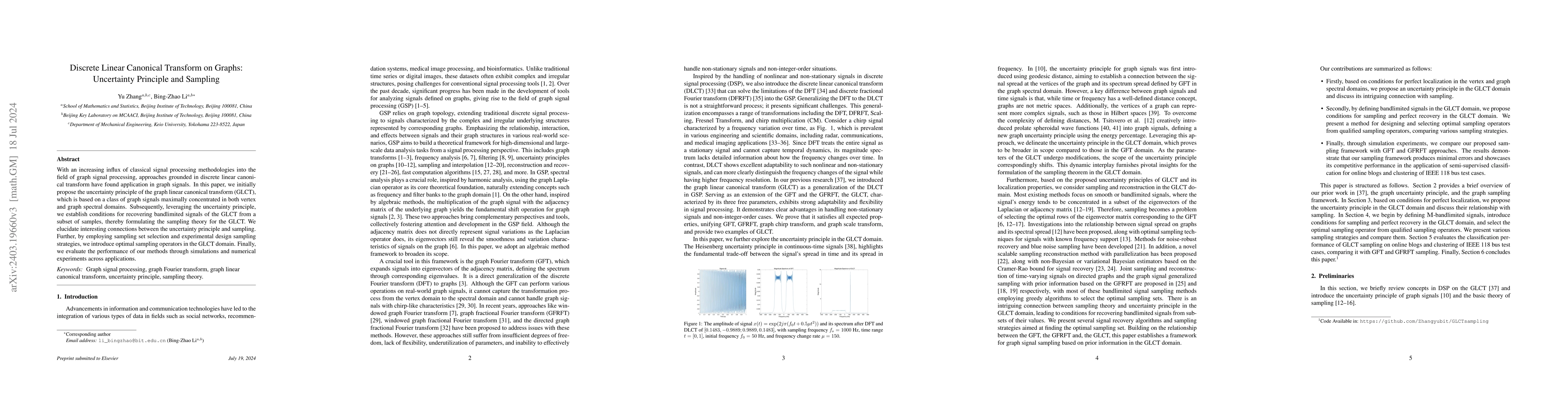 Thumbnail for Discrete Linear Canonical Transform on Graphs: Uncertainty Principle and
  Sampling