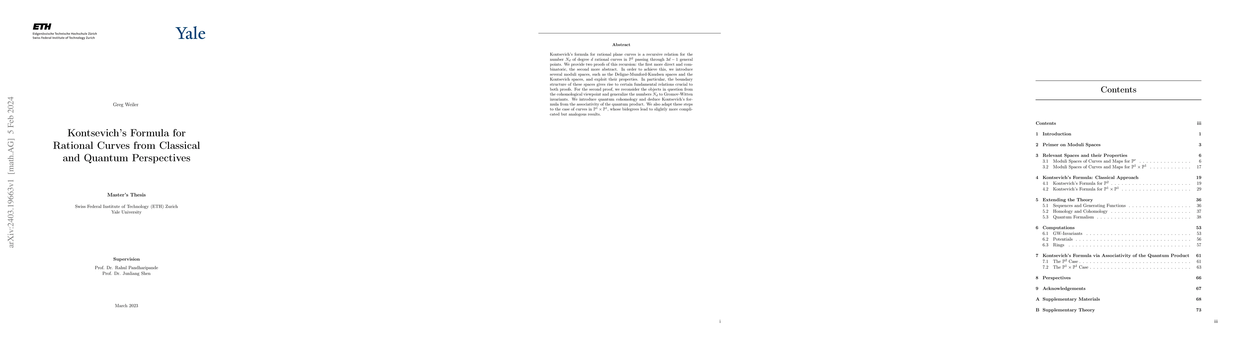 Thumbnail for Kontsevich's Formula for Rational Curves from Classical and Quantum
  Perspectives
