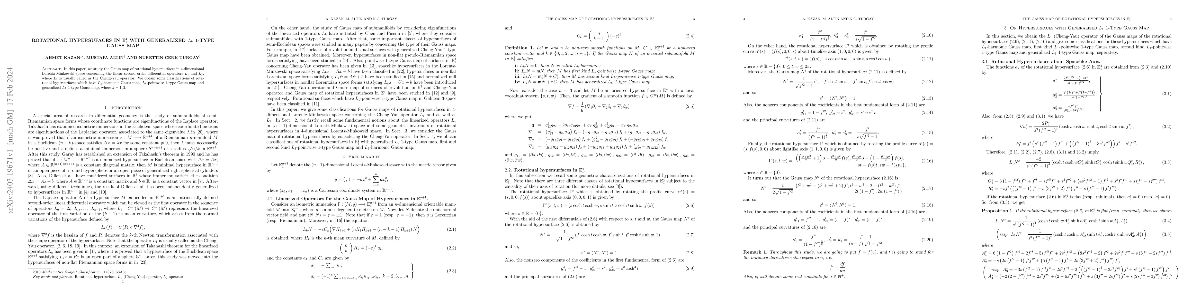 Thumbnail for Rotational hypersufaces in $E^4_1$ with generalized $L_k$ 1-type Gauss
  map