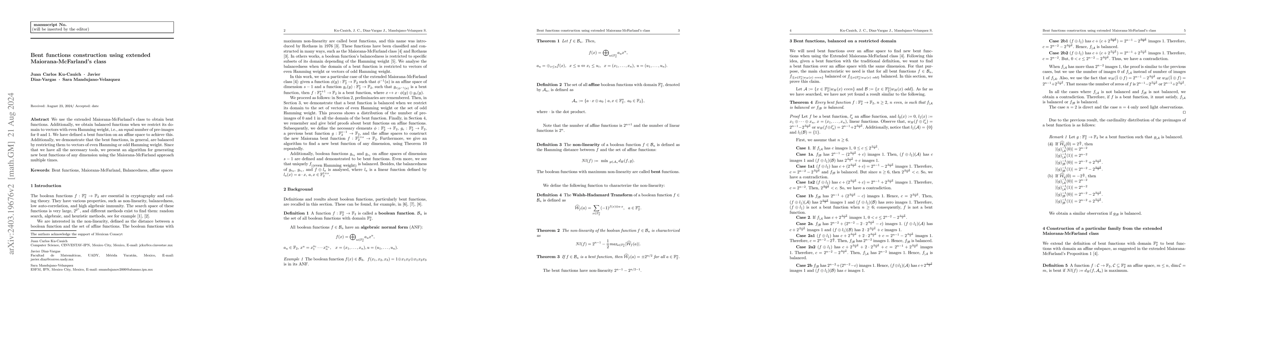 Thumbnail for Bent functions construction using extended Maiorana-McFarland's class