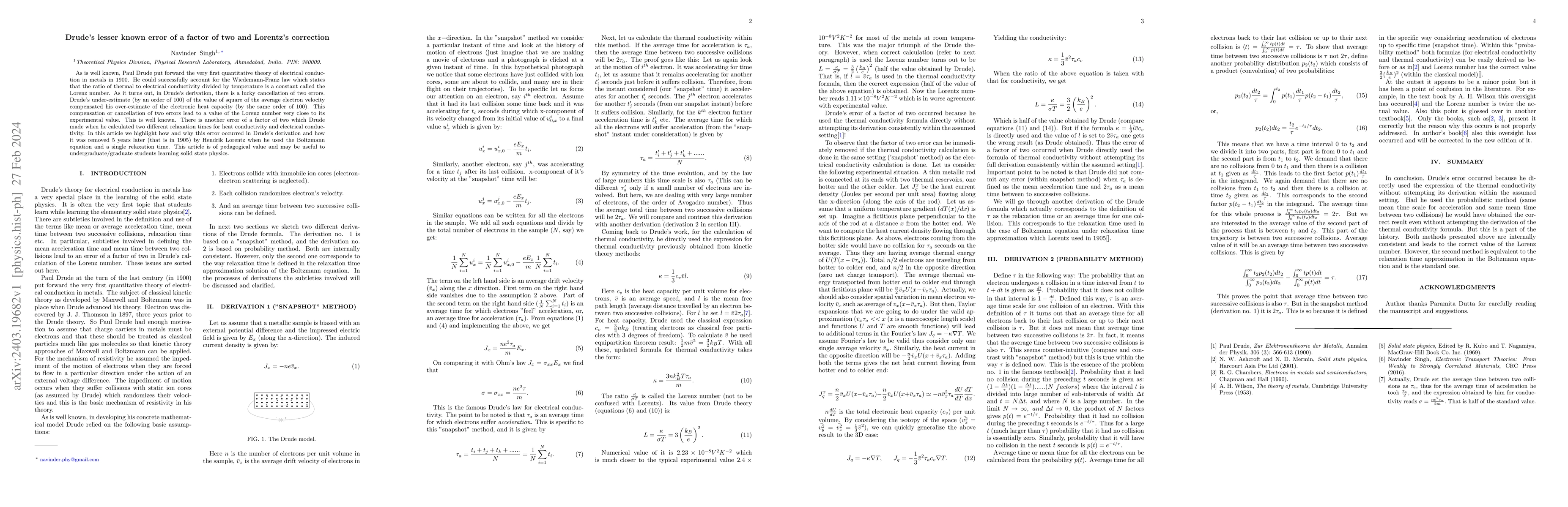 Thumbnail for Drude's lesser known error of a factor of two and Lorentz's correction