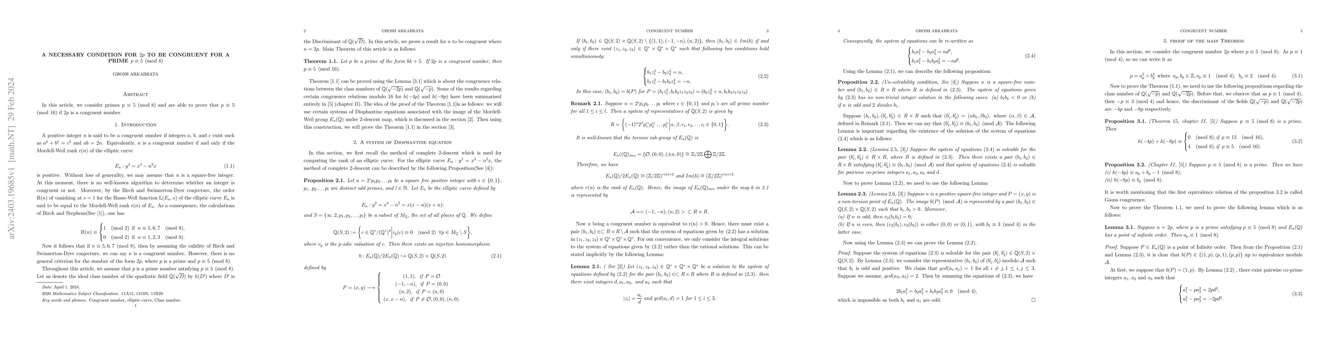 Thumbnail for A necessary condition for $2p$ to be congruent for a prime $p \equiv 5
  \pmod 8$