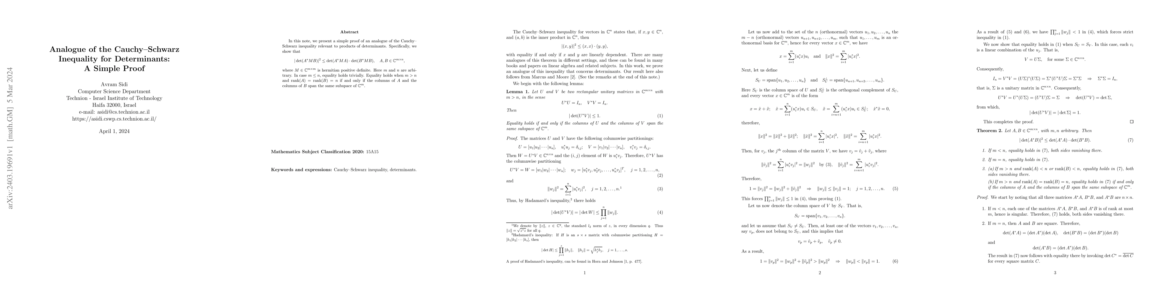 Thumbnail for Analogue of the Cauchy-Schwarz inequality for determinants: a simple
  proof