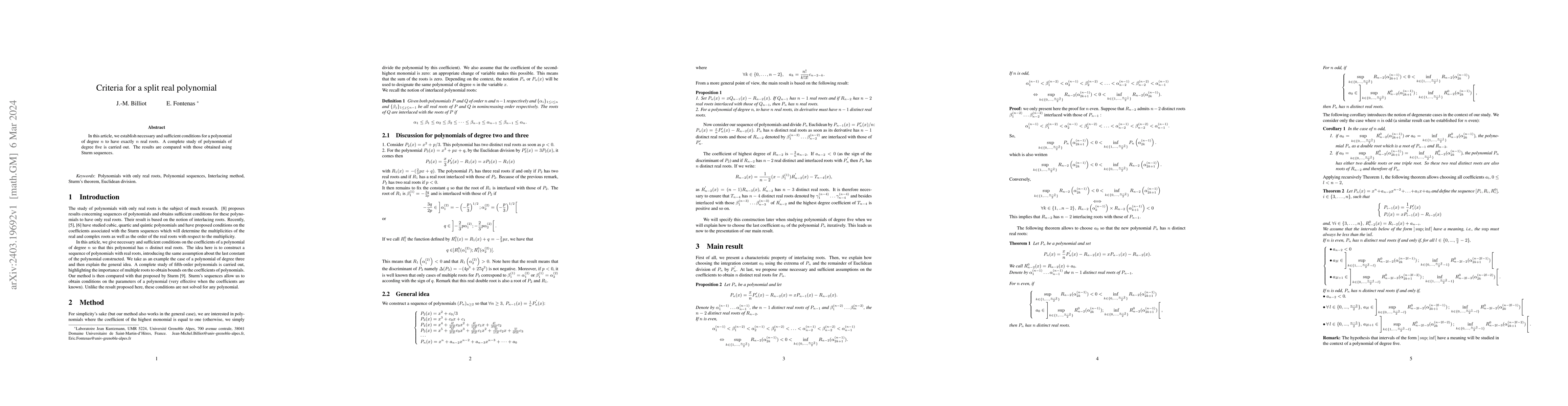 Thumbnail for Criteria for a split real polynomial