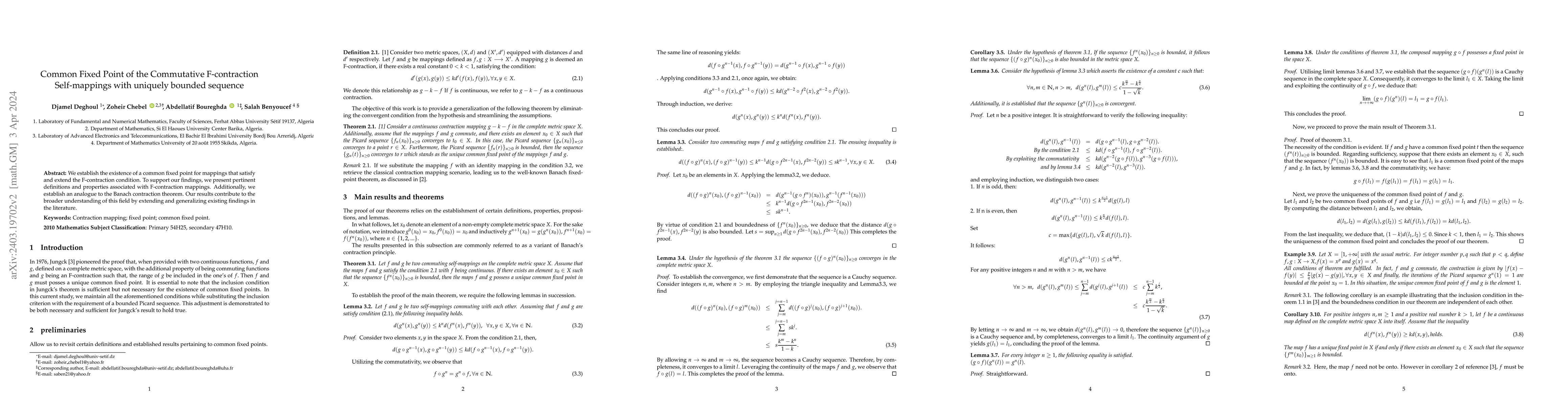 Thumbnail for Common Fixed Point of the Commutative F-contraction Self-mappings with
  uniquely bounded sequence