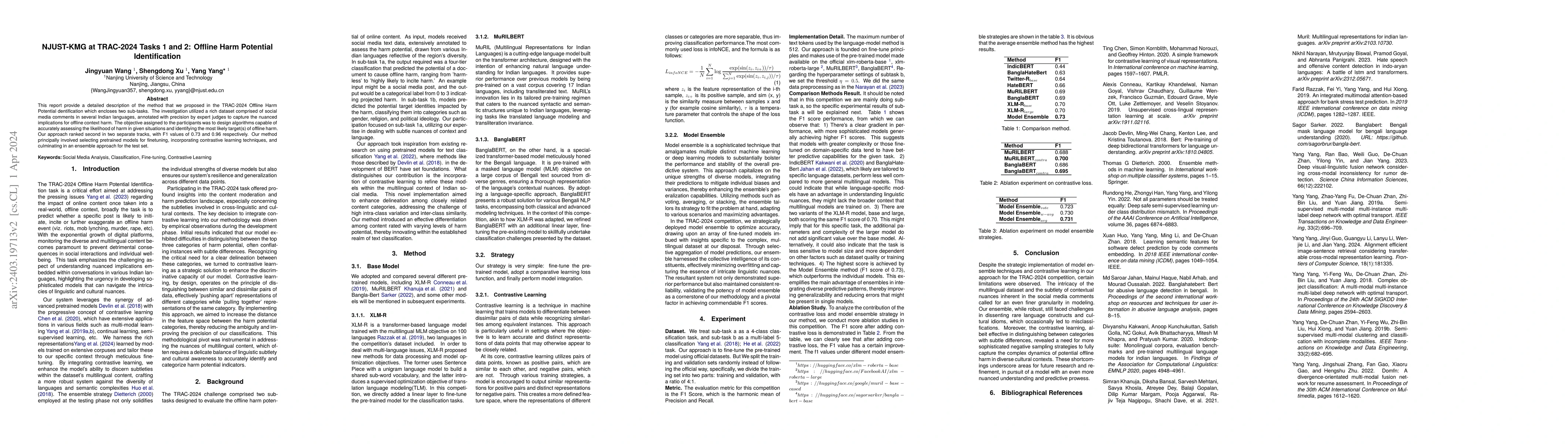 Thumbnail for NJUST-KMG at TRAC-2024 Tasks 1 and 2: Offline Harm Potential
  Identification