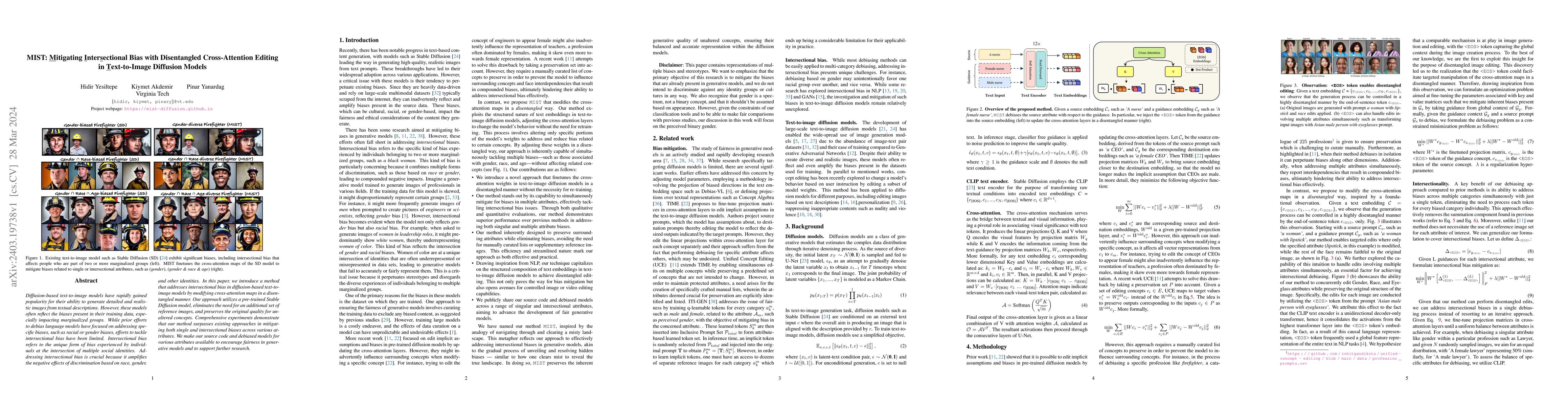 Thumbnail for MIST: Mitigating Intersectional Bias with Disentangled Cross-Attention
  Editing in Text-to-Image Diffusion Models