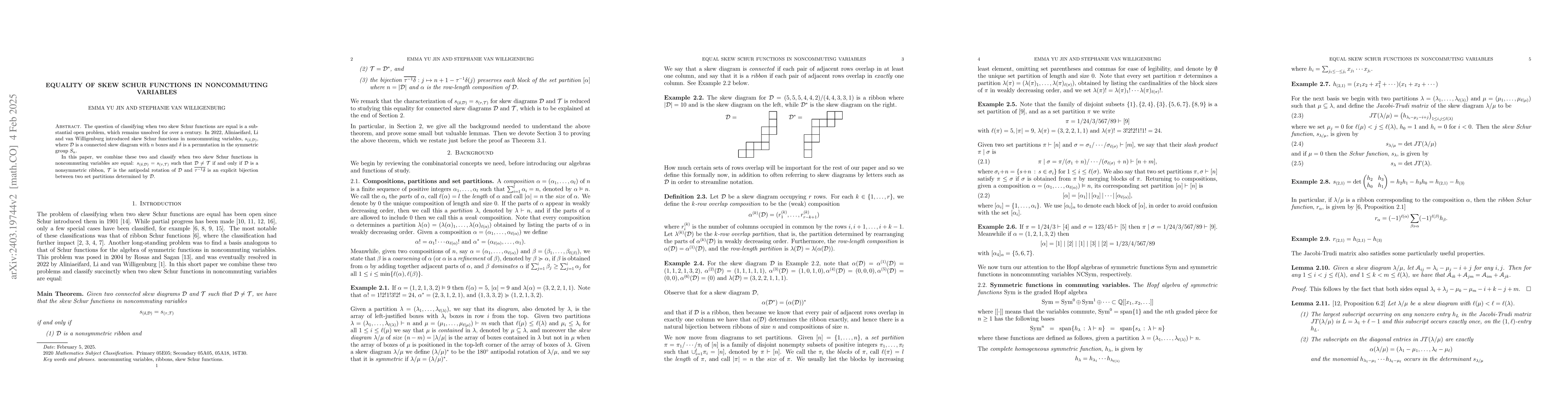 Thumbnail for Equality of skew Schur functions in noncommuting variables