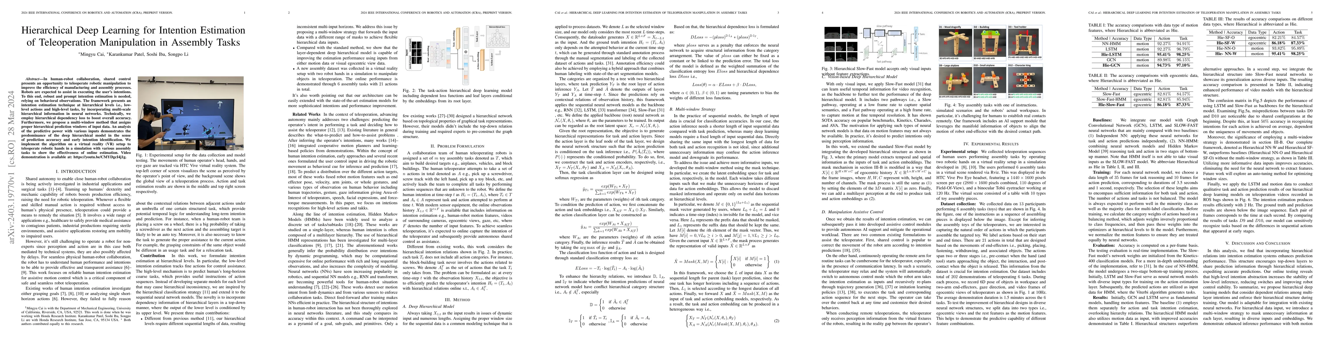 Thumbnail for Hierarchical Deep Learning for Intention Estimation of Teleoperation
  Manipulation in Assembly Tasks