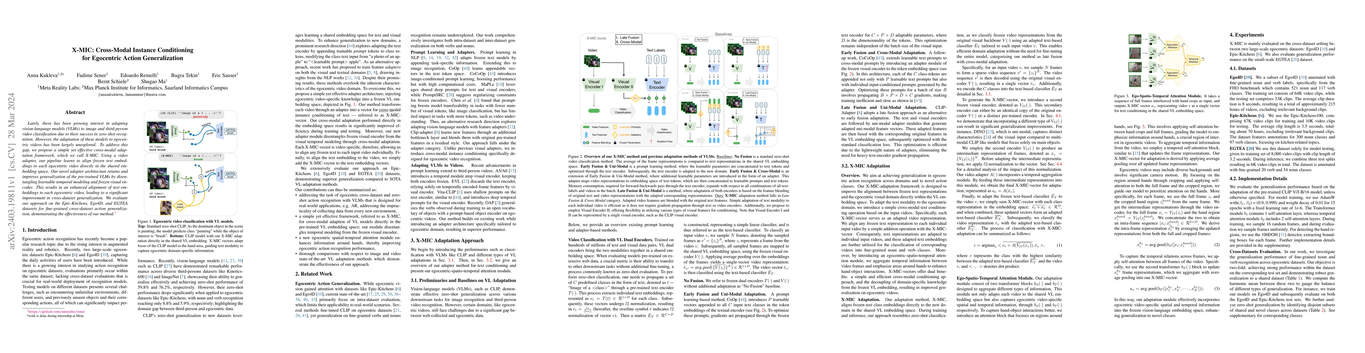 Thumbnail for X-MIC: Cross-Modal Instance Conditioning for Egocentric Action
  Generalization