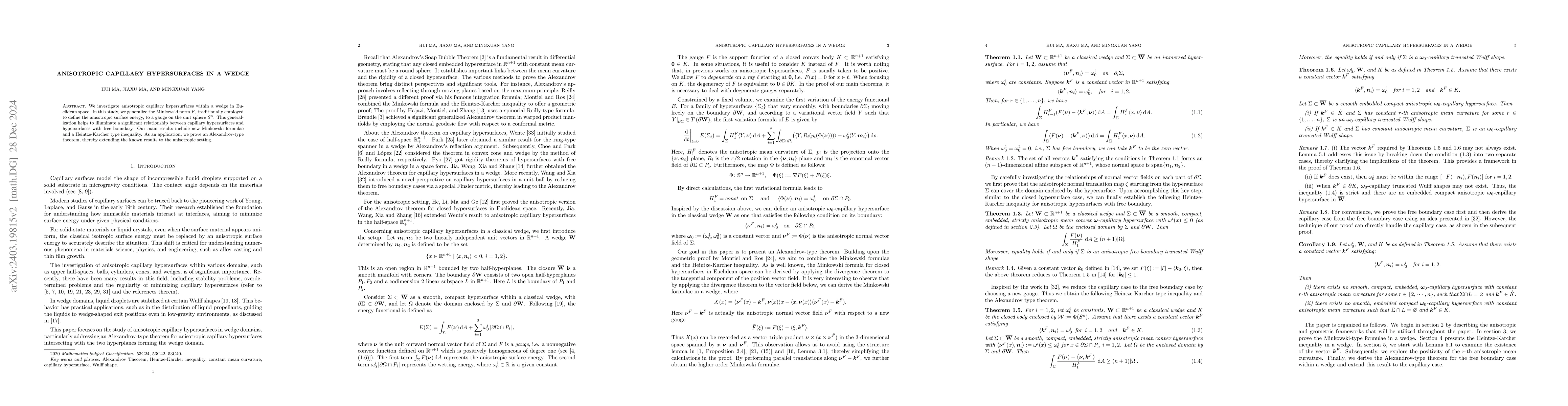 Thumbnail for Anisotropic capillary hypersurfaces in a wedge