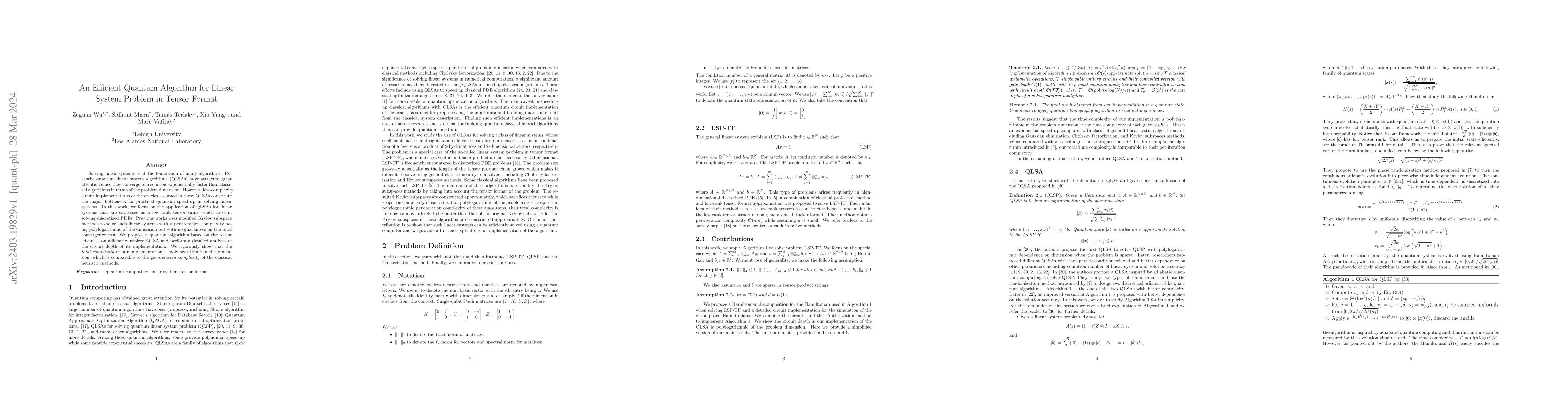 Thumbnail for An Efficient Quantum Algorithm for Linear System Problem in Tensor
  Format