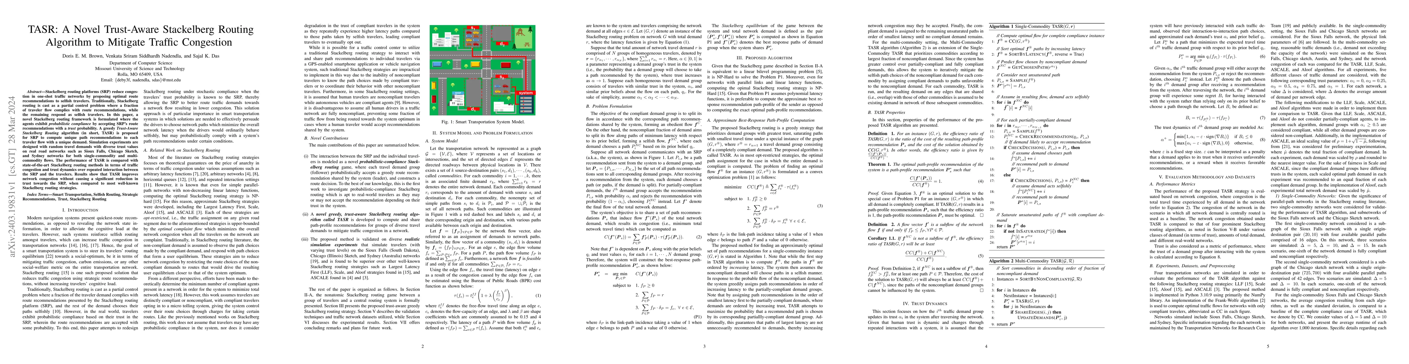 Thumbnail for TASR: A Novel Trust-Aware Stackelberg Routing Algorithm to Mitigate
  Traffic Congestion