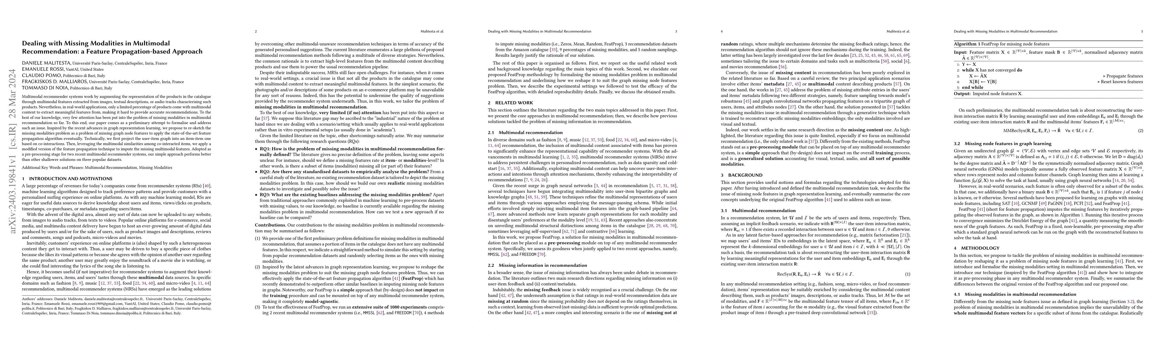 Thumbnail for Dealing with Missing Modalities in Multimodal Recommendation: a Feature
  Propagation-based Approach