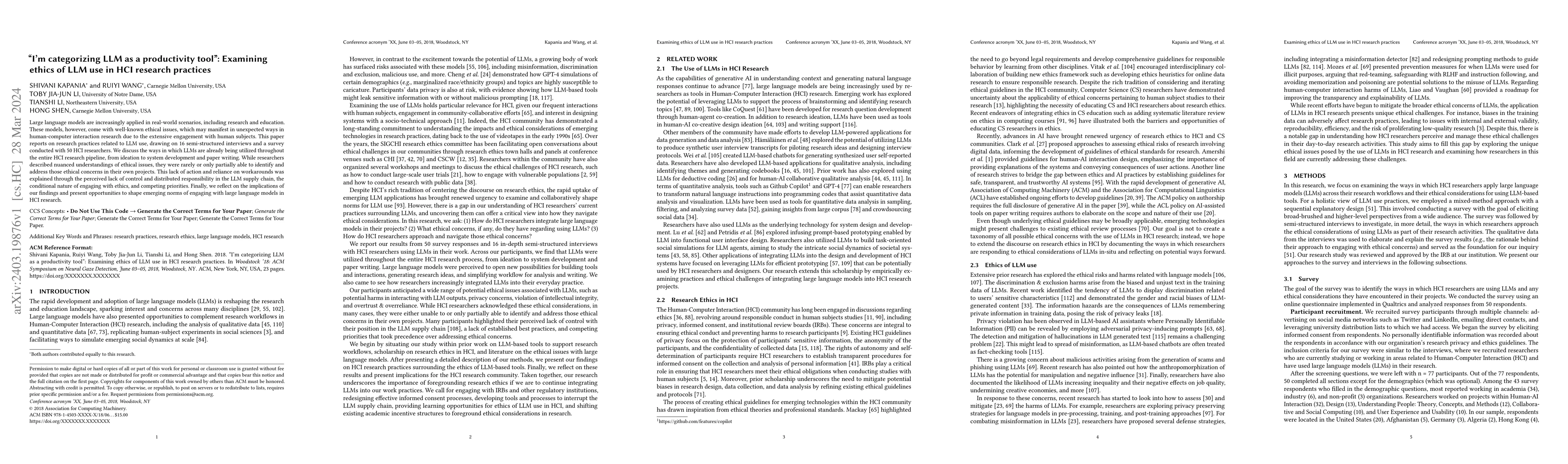 Thumbnail for "I'm categorizing LLM as a productivity tool": Examining ethics of LLM
  use in HCI research practices