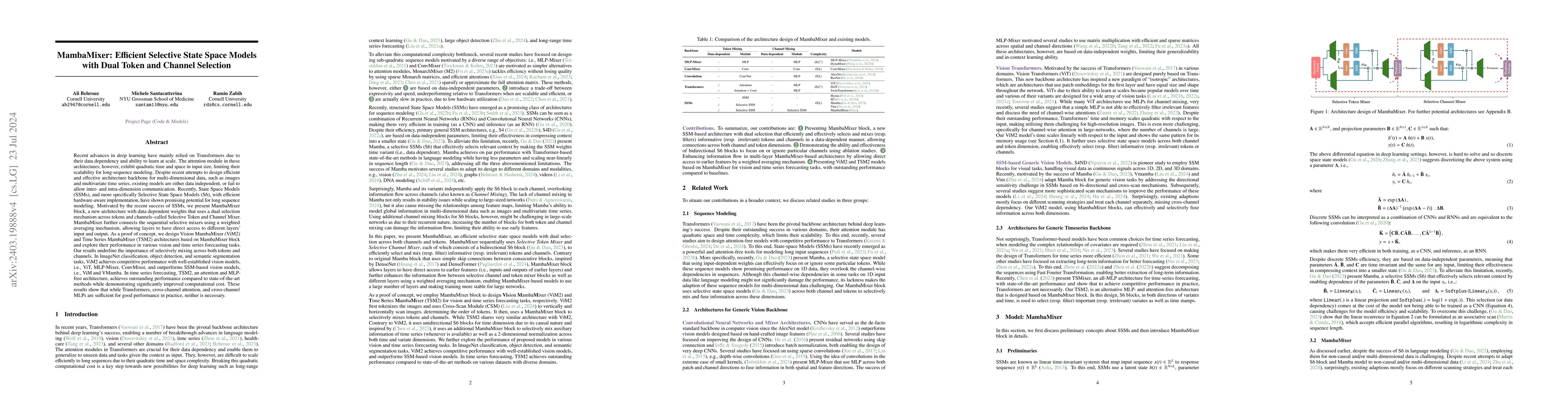 Thumbnail for MambaMixer: Efficient Selective State Space Models with Dual Token and
  Channel Selection