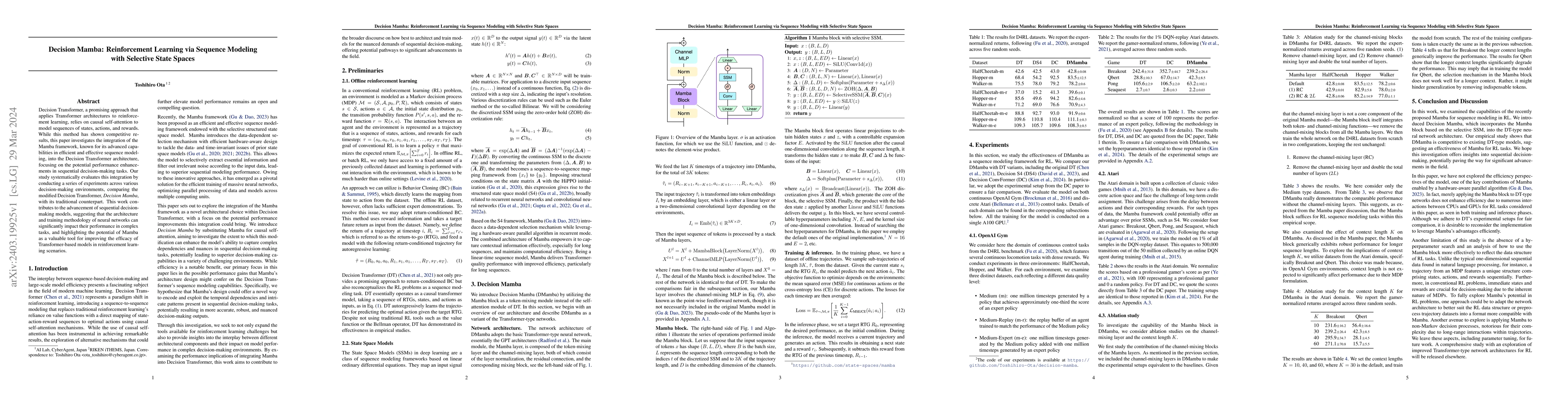 Thumbnail for Decision Mamba: Reinforcement Learning via Sequence Modeling with
  Selective State Spaces