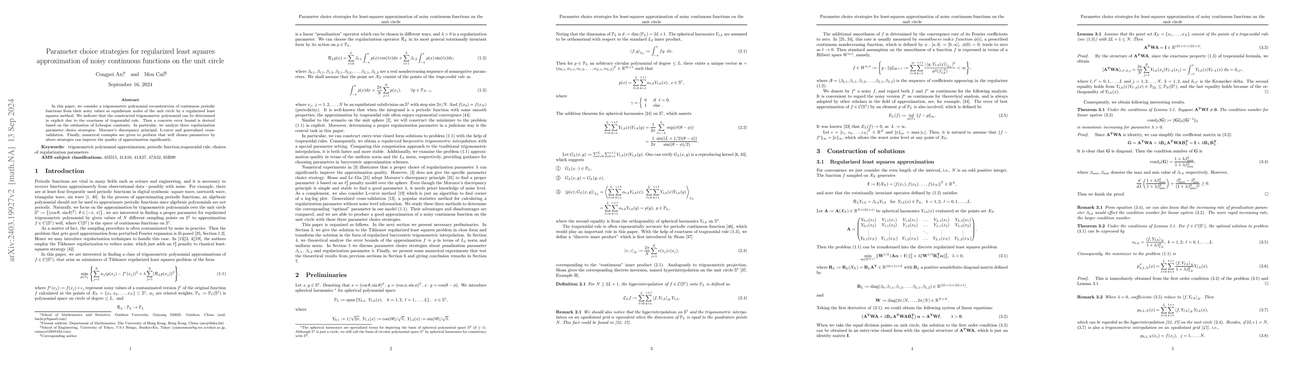Thumbnail for Parameter choice strategies for regularized least squares approximation
  of noisy continuous functions on the unit circle