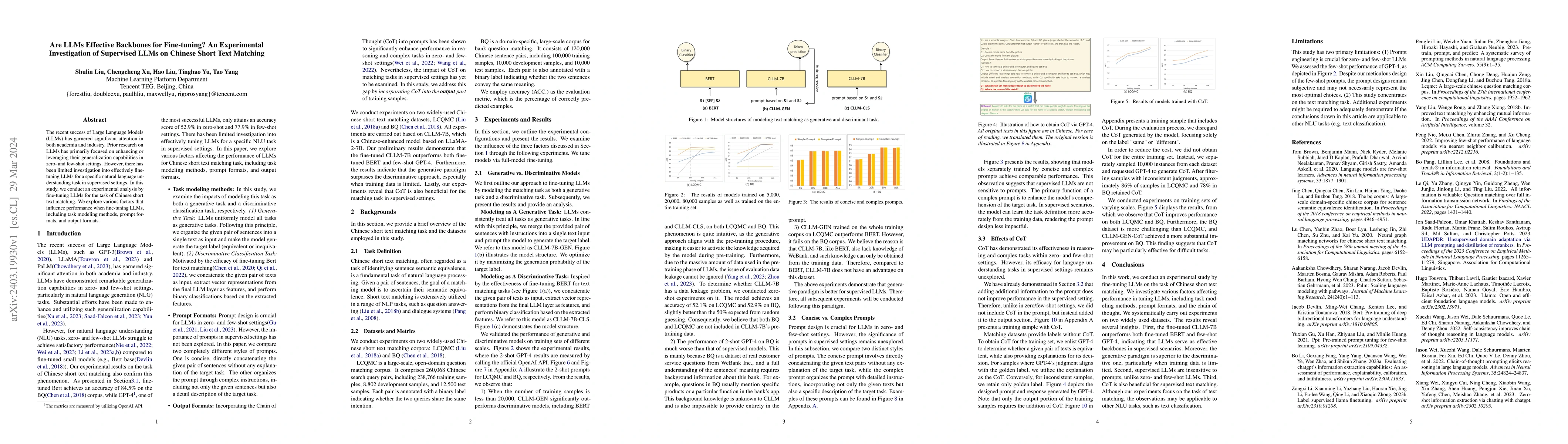 Thumbnail for Are LLMs Effective Backbones for Fine-tuning? An Experimental
  Investigation of Supervised LLMs on Chinese Short Text Matching