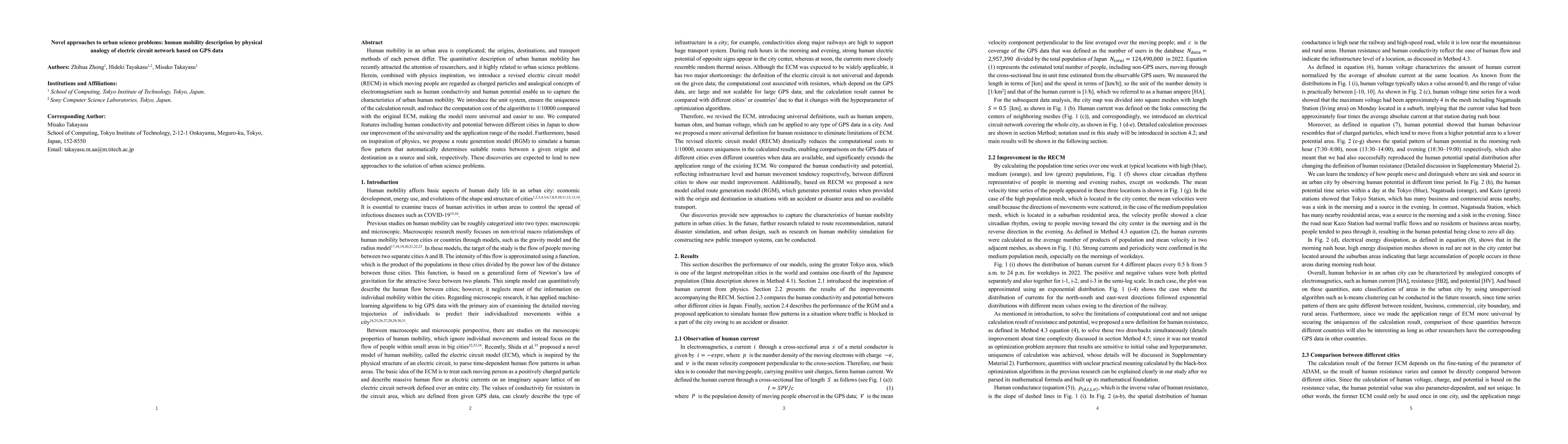 Thumbnail for Novel approaches to urban science problems: human mobility description
  by physical analogy of electric circuit network based on GPS data
