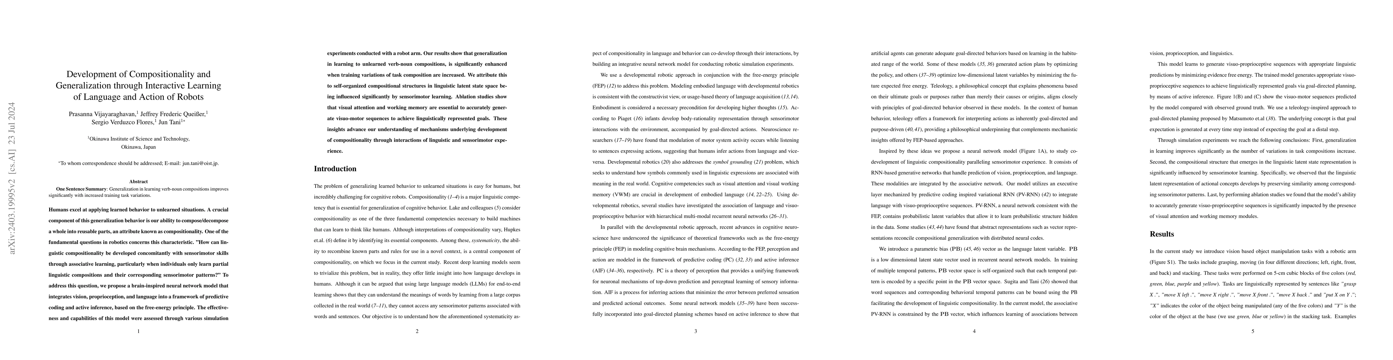 Thumbnail for Development of Compositionality and Generalization through Interactive
  Learning of Language and Action of Robots