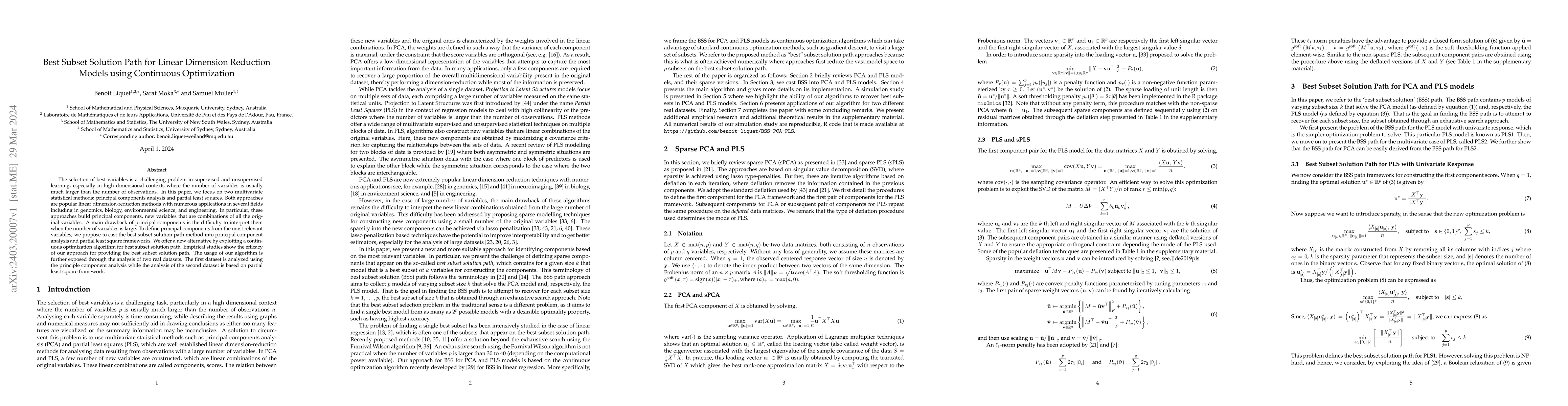 Thumbnail for Best Subset Solution Path for Linear Dimension Reduction Models using
  Continuous Optimization