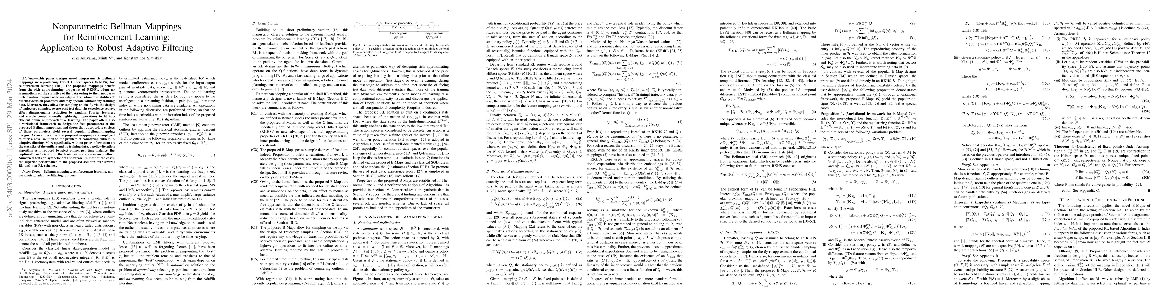 Thumbnail for Nonparametric Bellman Mappings for Reinforcement Learning: Application
  to Robust Adaptive Filtering