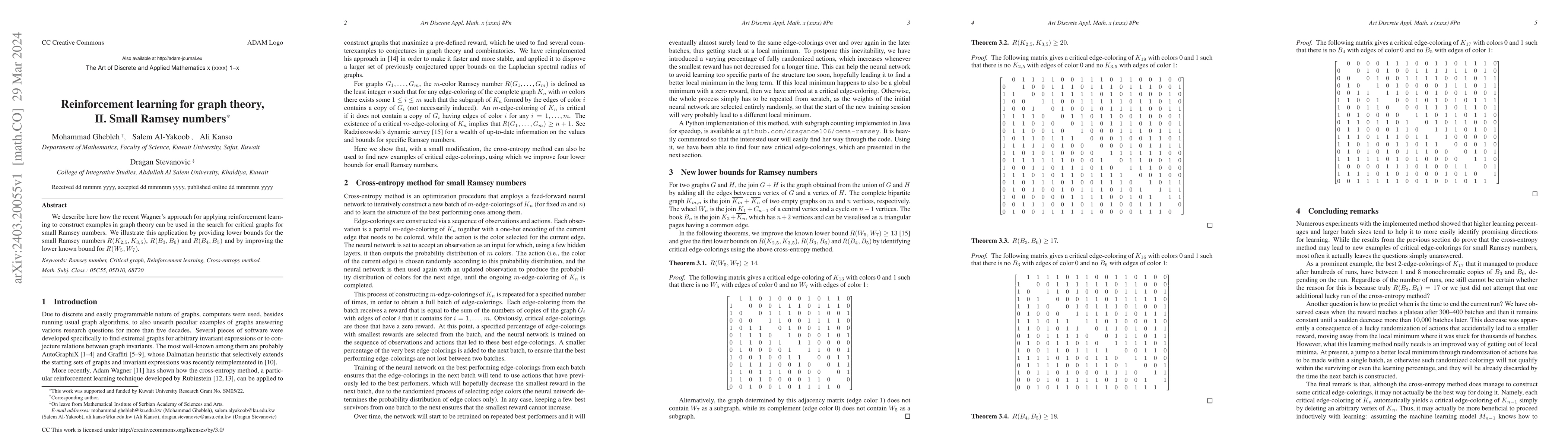 Thumbnail for Reinforcement learning for graph theory, II. Small Ramsey numbers