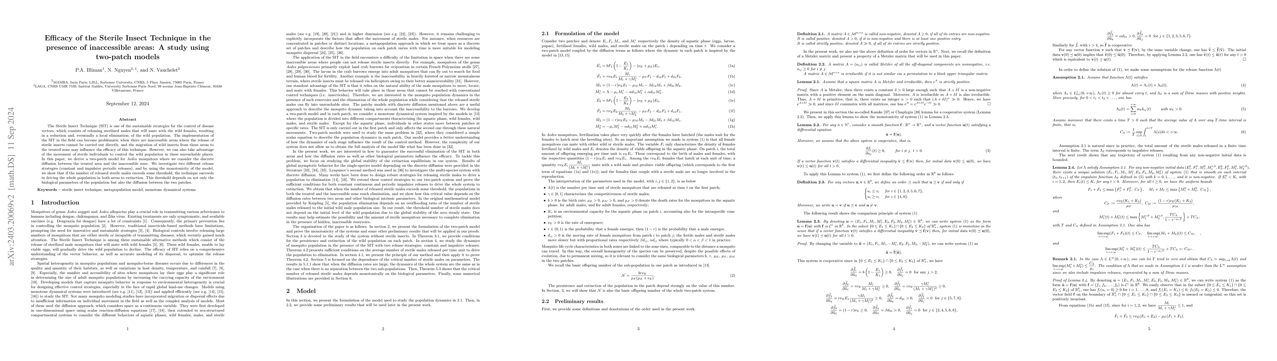 Thumbnail for Efficacy of the Sterile Insect Technique in the presence of inaccessible
  areas: A study using two-patch models