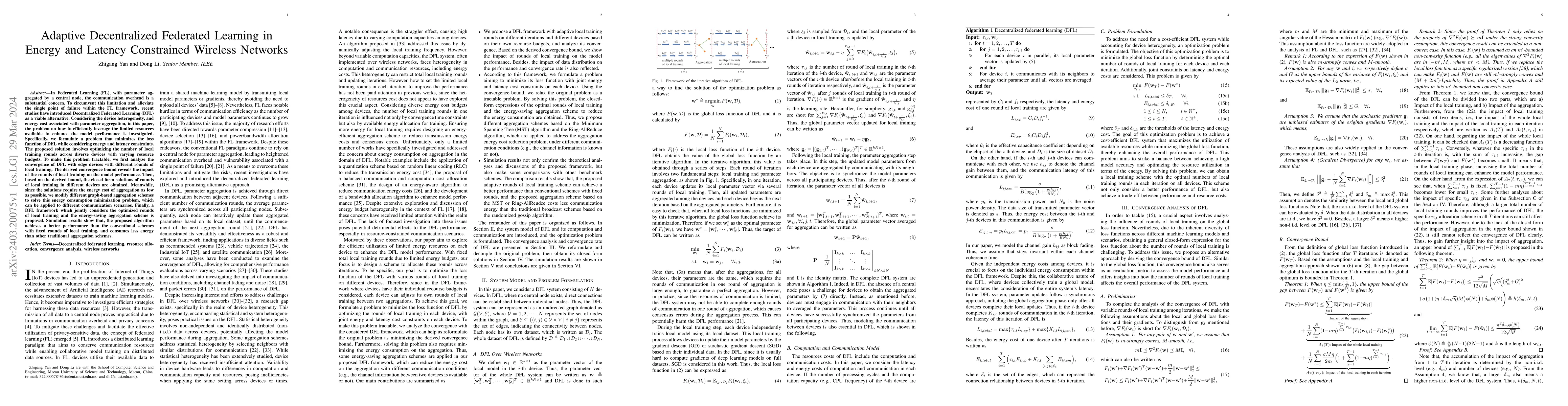 Thumbnail for Adaptive Decentralized Federated Learning in Energy and Latency
  Constrained Wireless Networks