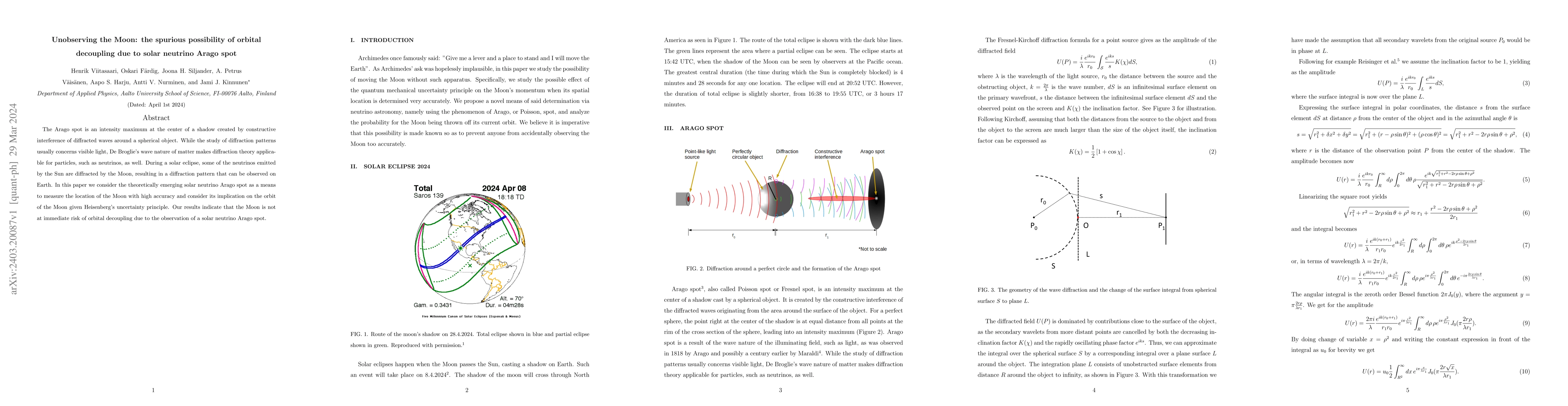 Thumbnail for Unobserving the Moon: the spurious possibility of orbital decoupling due
  to solar neutrino Arago spot