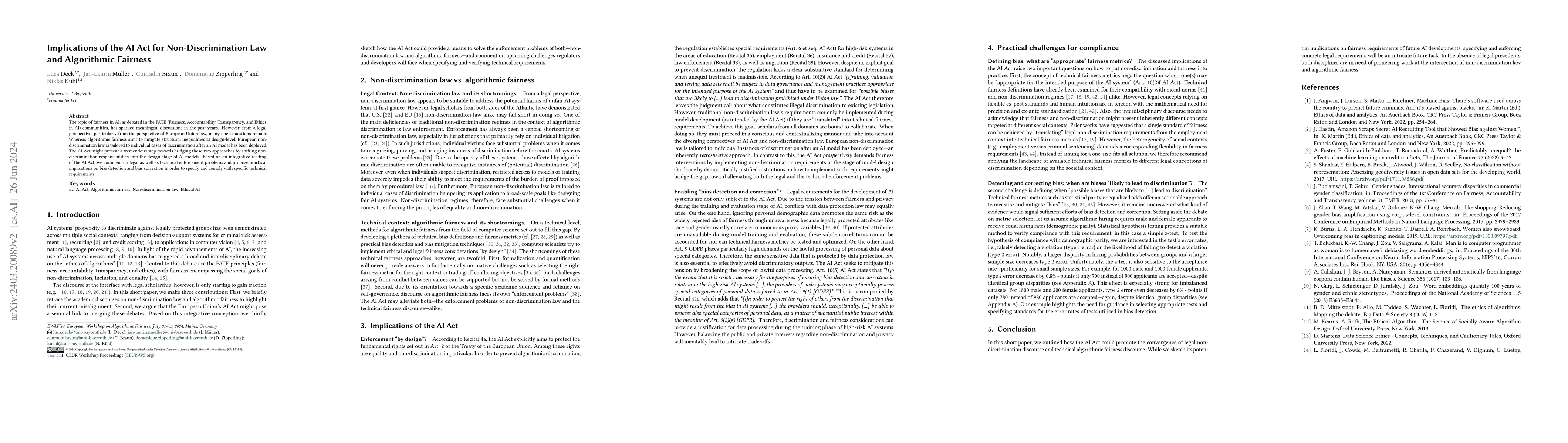 Thumbnail for Implications of the AI Act for Non-Discrimination Law and Algorithmic
  Fairness